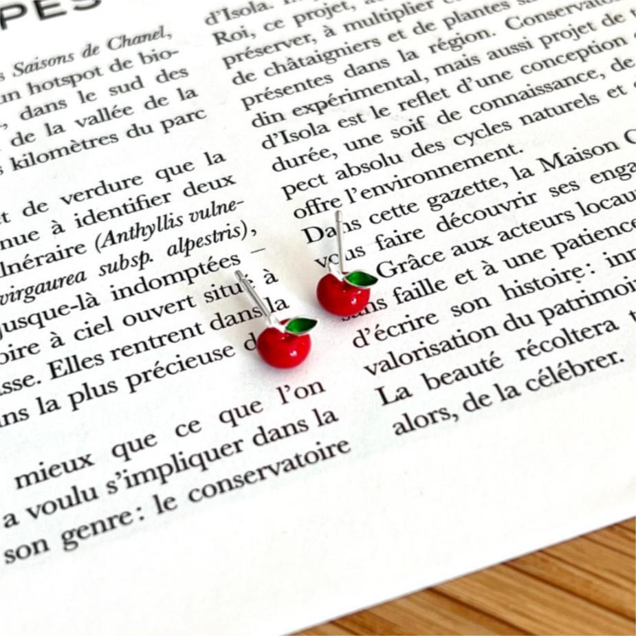 Minimalist Red Apple Stud Earrings for Women in 925 Sterling Silver with Enamel Finish and Geometric Shape