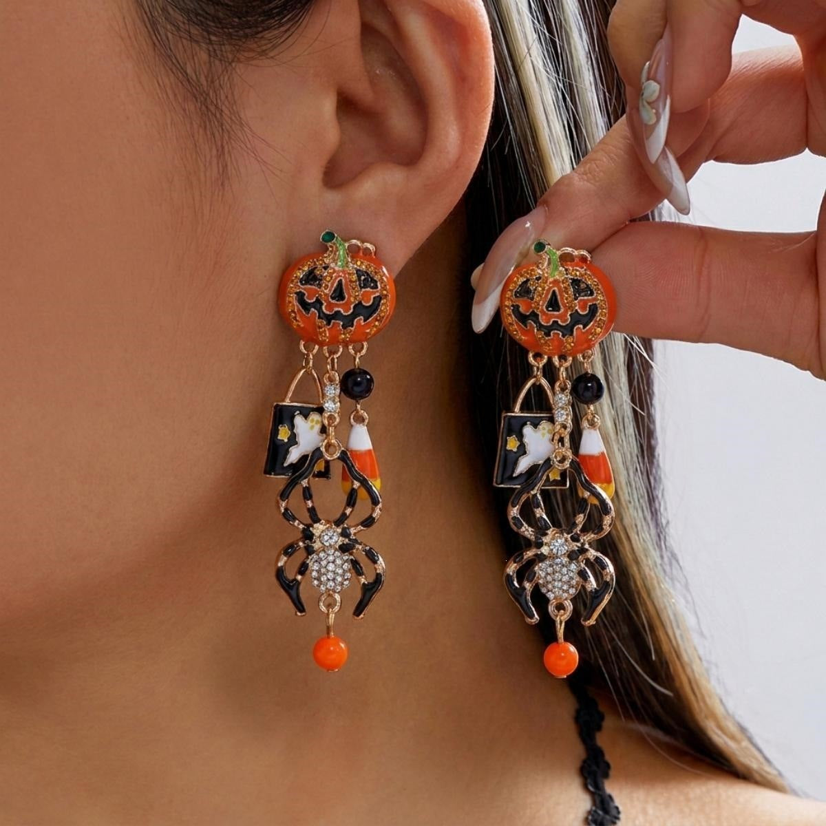 Halloween Geometric Pumpkin Skull Drip Oil Rhinestone Alloy Earrings Unisex
