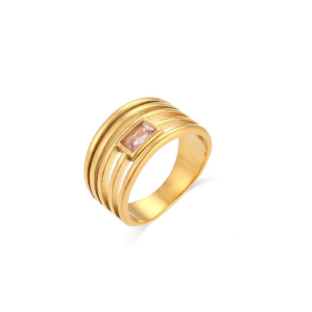 Minimalist Geometric Stainless Steel Ring with 18K Gold Plating and Hollow-Out Design Set with Zircon Inlays