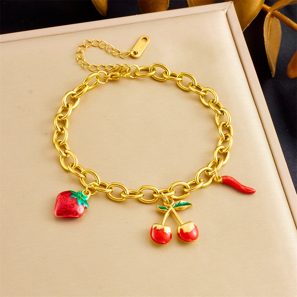 Sweet Gold Plated Stainless Steel Cherry Strawberry Pendant Bracelet