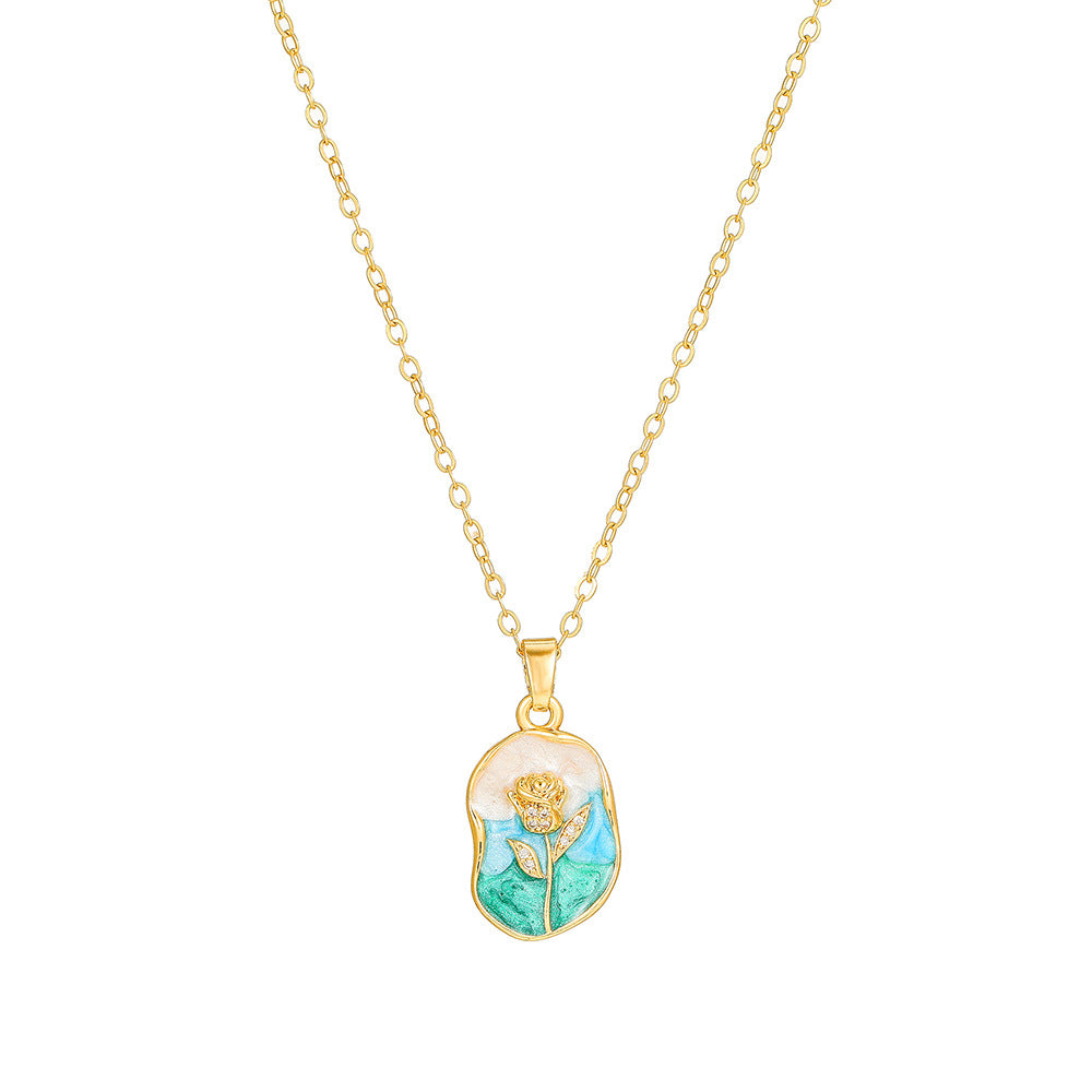 Elegant Drip Oil Floral Brass Gold Plated Necklace with Cubic Zirconia Inlay Cable Chain