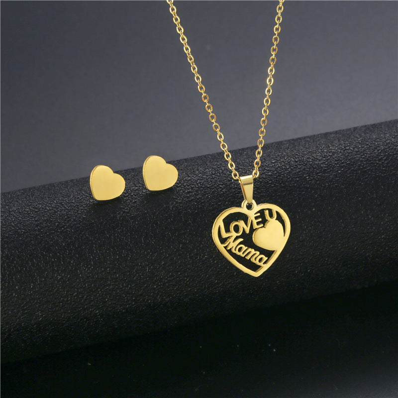 Minimalist Heart-Shaped Titanium Steel Pendant Necklace and Earrings Set with Plated Finish for Women