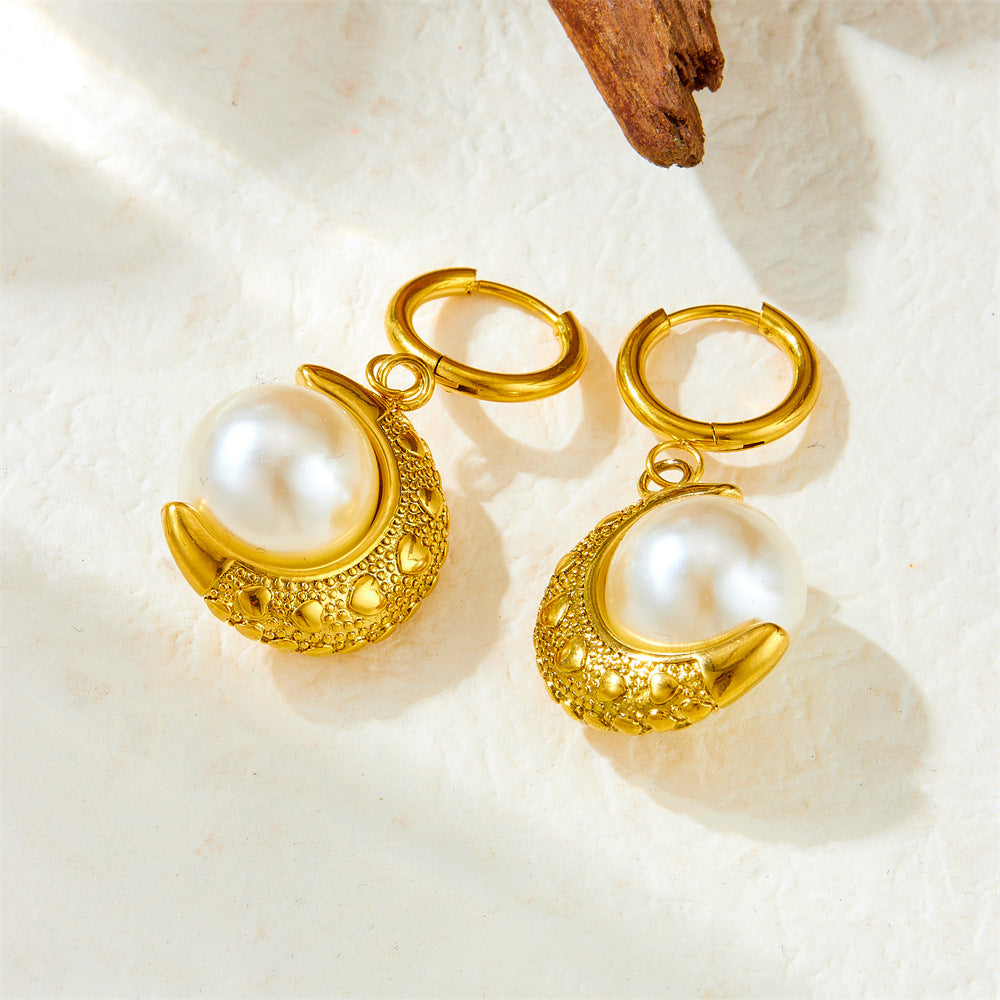 Vintage Gold Plated Moon Pearl Stainless Steel Earrings