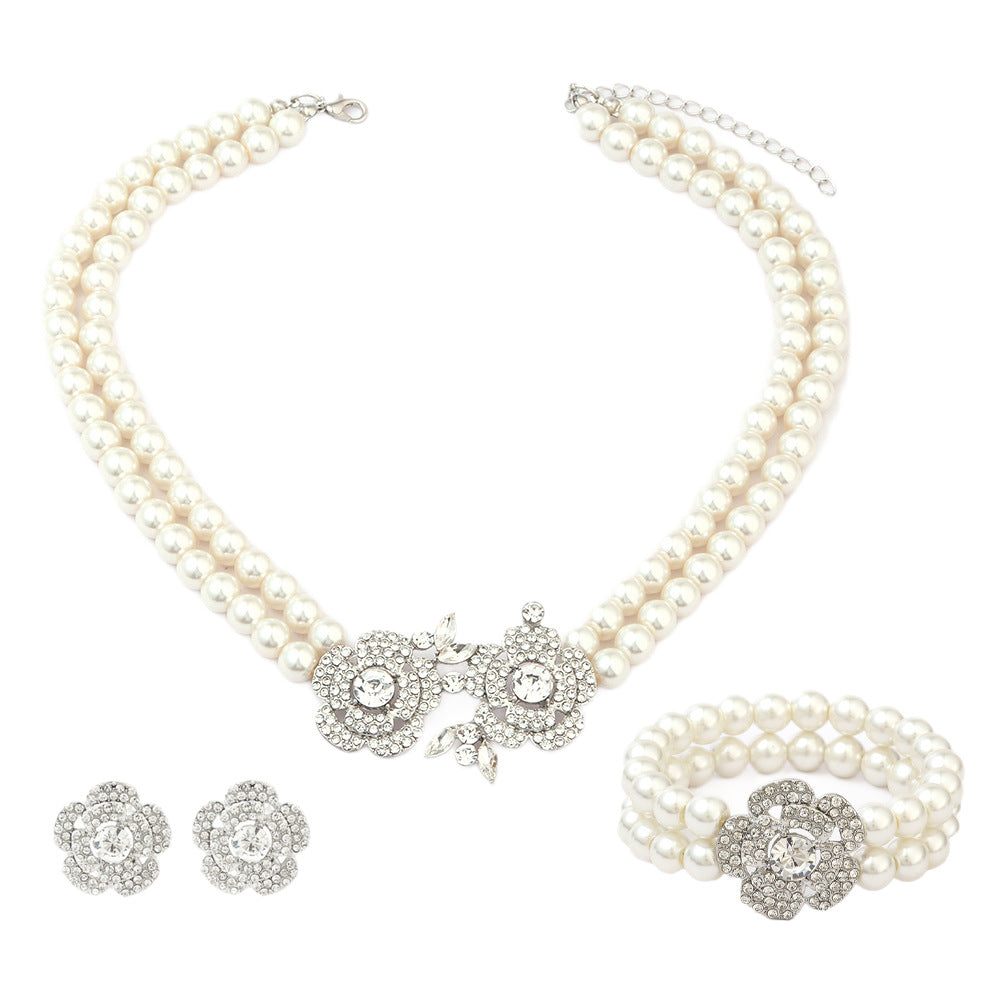 Juego de collar unisex de perlas de imitación con forma de hoja de estilo natural y cadena de serpiente con incrustaciones de diamantes de imitación