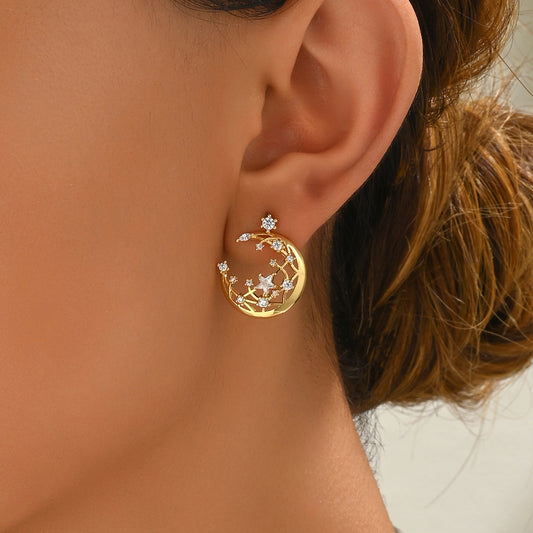Pendientes Minimalistas de Cobre con Diseño de Luna Creciente y Estrella con Incrustaciones de Zirconia para Mujer