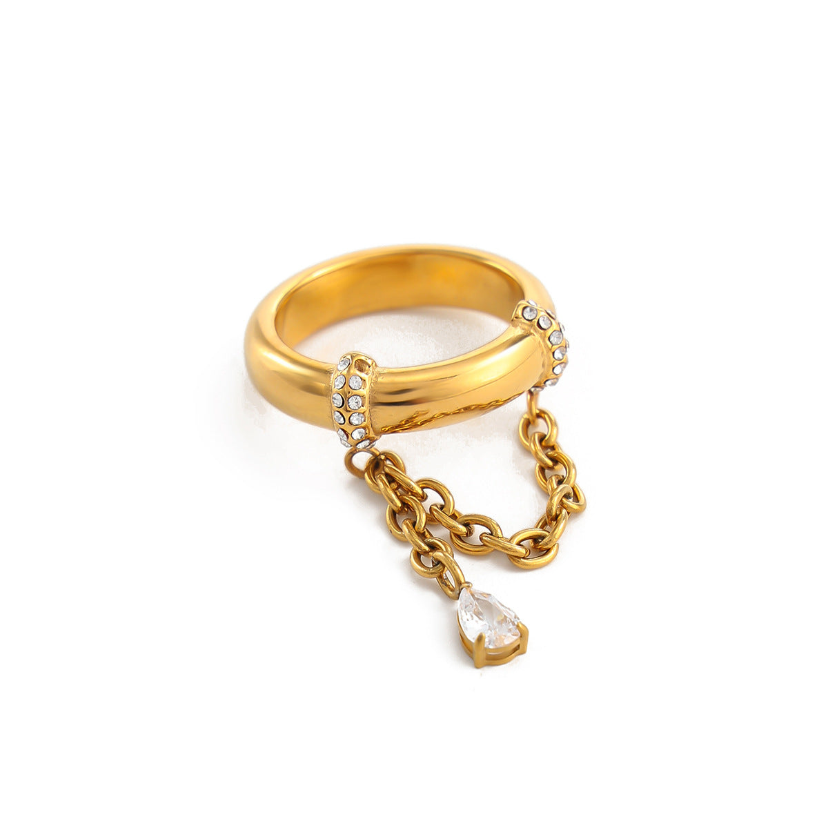 Creative Luxury Stainless Steel PVD Plated Round Teardrop Rhinestone Chain Ring for Women