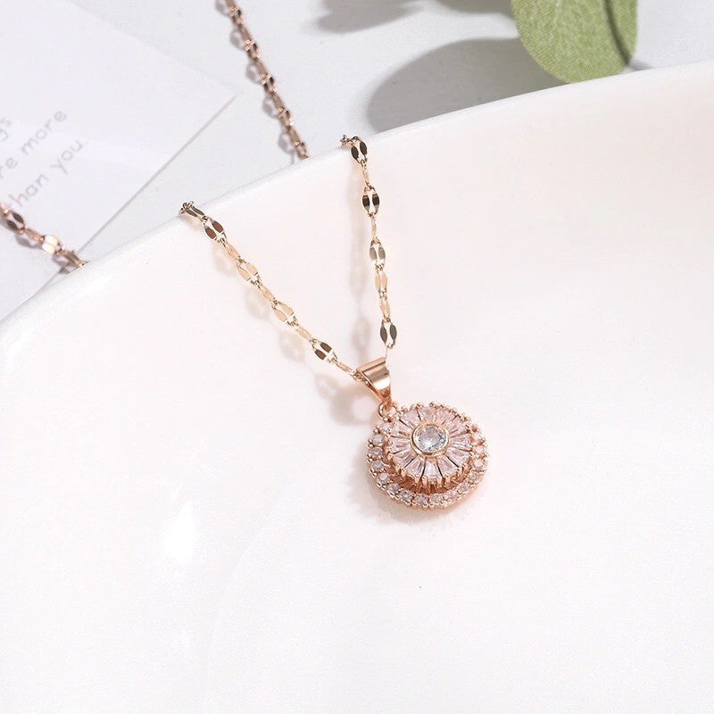 Minimalist Rotating Pink Necklace for Women with Geometric Pendant, Titanium Steel Chain, Zircon Inlay, Daisy and Sunflower Floral Pattern, Long Sweater Chain