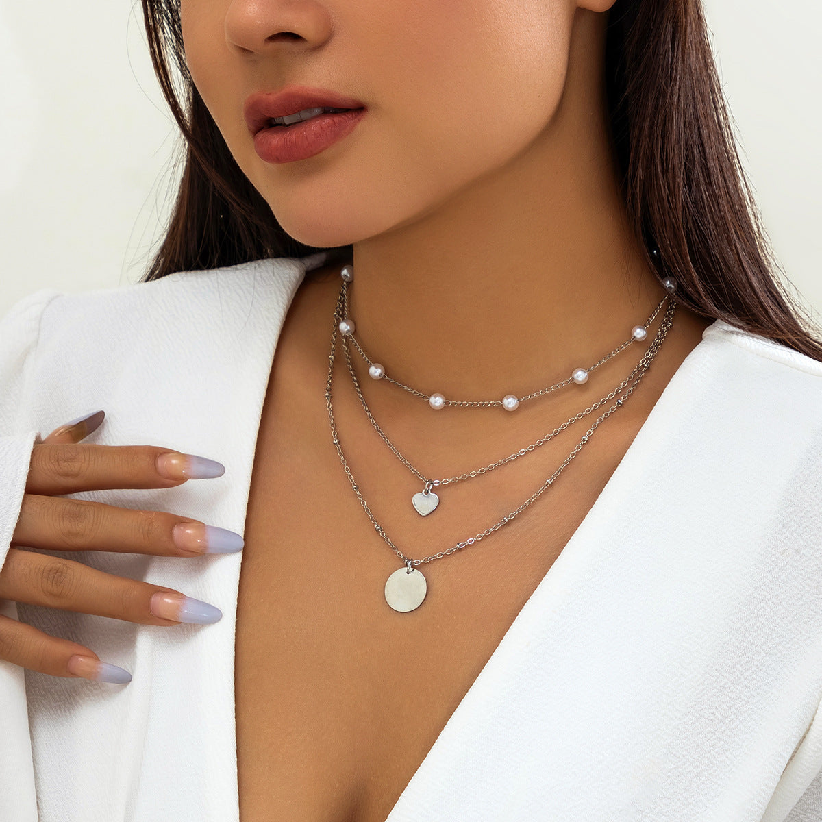 Minimalist Multi-Layer Curb Chain Necklace with Geometric Round Alloy Pendant for Women