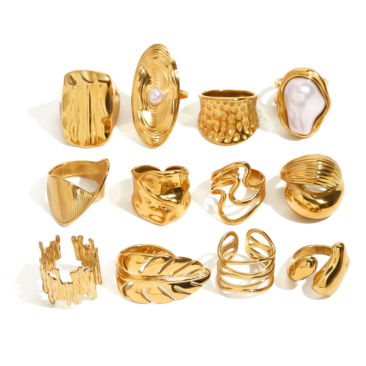 Anillo de Acero de Titanio Geométrico Minimalista con Acento de Perla para Mujer, Bañado en Oro PVD al Vacío, Banda de Acero Inoxidable Hipoalergénico