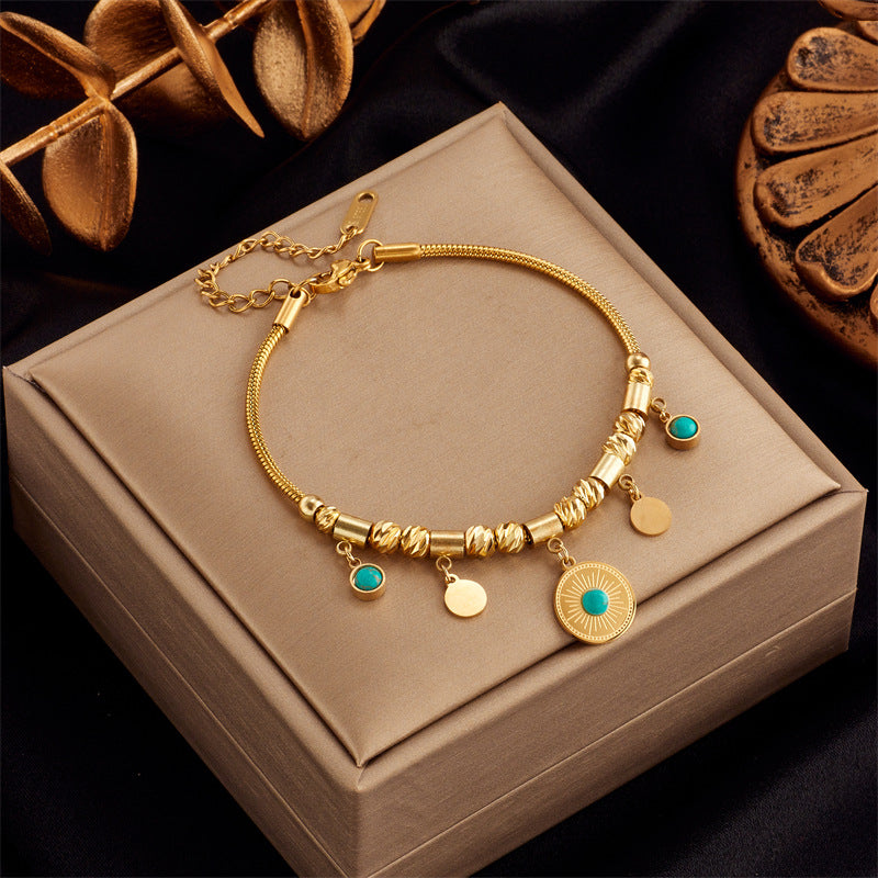 Pulsera geométrica de lujo minimalista vintage de acero de titanio con colgante redondo de turquesa para mujer, diseño inspirado hecho a mano para uso elegante en la oficina