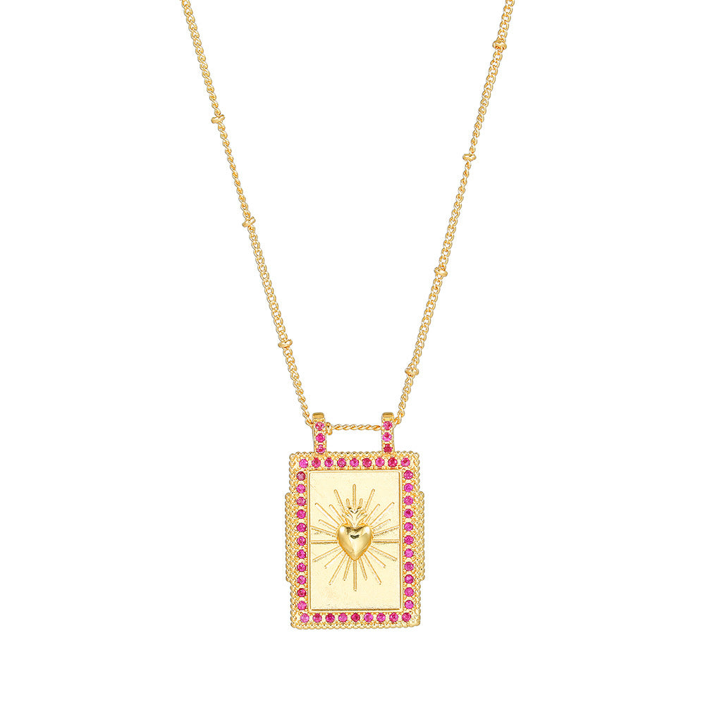 Geometric Gold Plated Brass Drip Oil Cubic Zirconia Inlay Tarot Necklace with Cable Chain