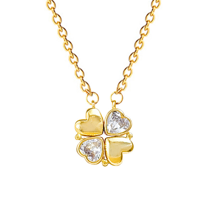 Minimalist Four-Leaf Clover Pendant Necklace in Titanium Steel with Rhinestone Inlay for Women and Men