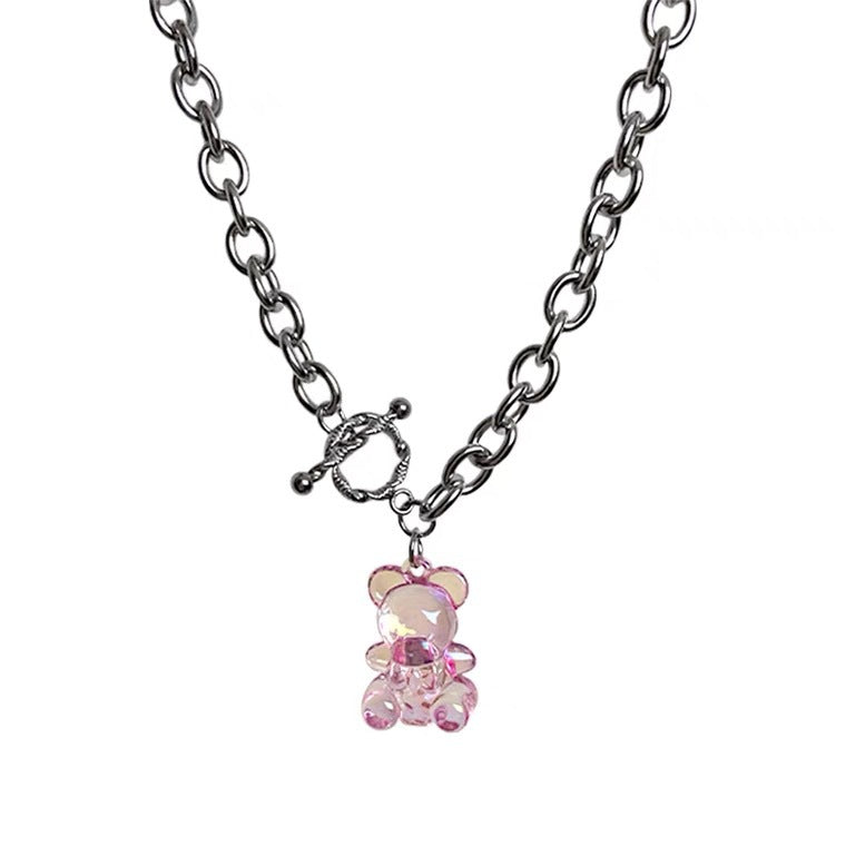 Originale Simpatico Orsetto Acciaio Inossidabile Placcato Collana Girocollo con Ciondolo Orsetto in Cristallo Trasparente Iridiscente