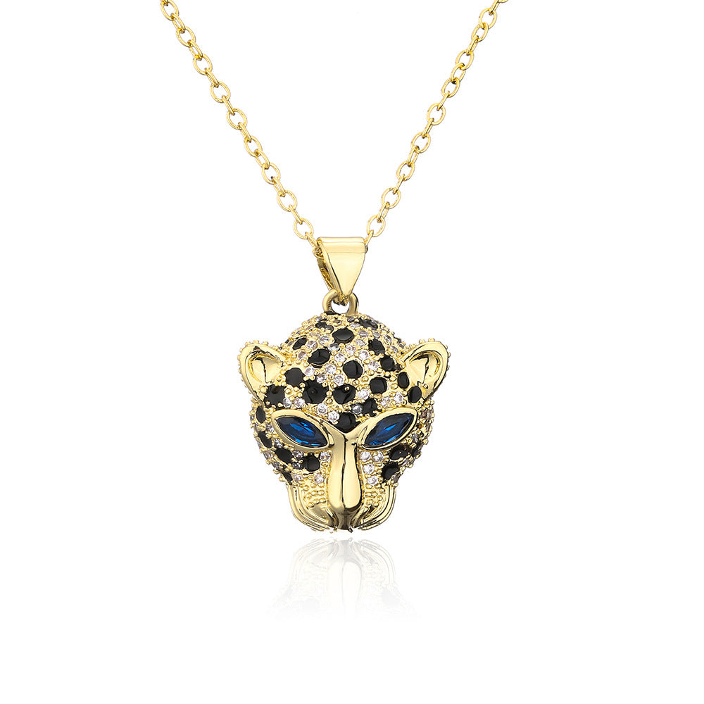 Collana Pendente Minimalista a Testa di Leopardo in Rame con Placcatura in Oro 18K e Intarsio di Zirconi