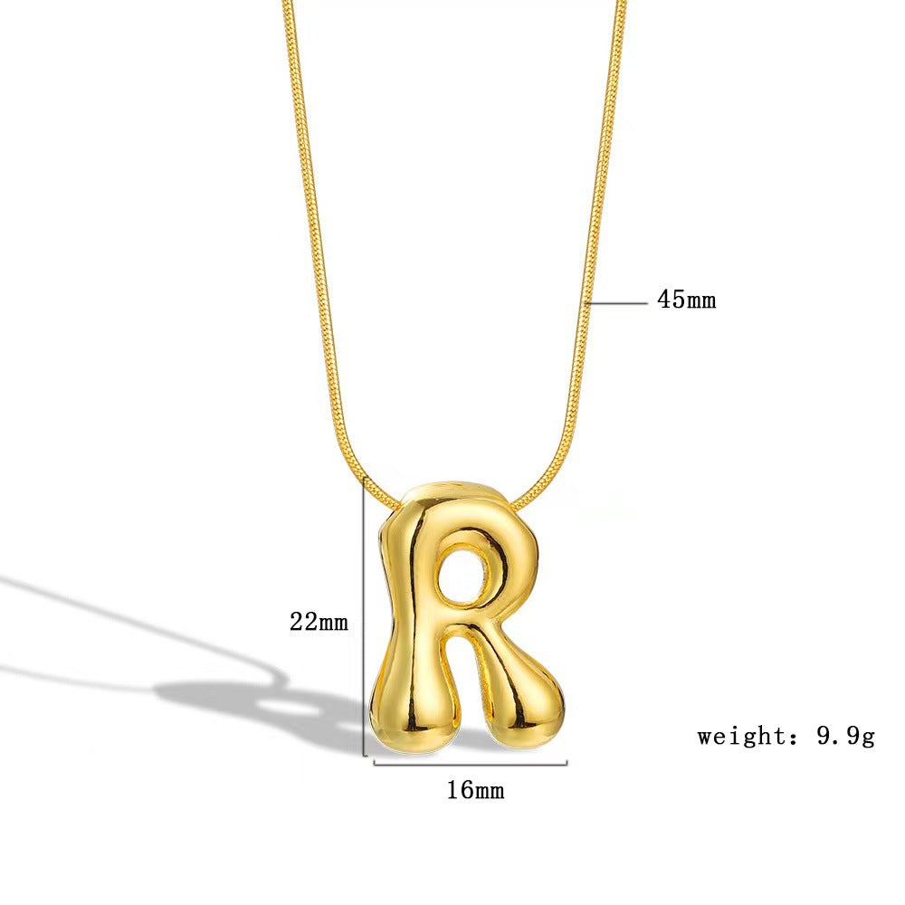 Luxury Balloon Bubble-Shaped Letter Necklace in Titanium Steel with Gold Plating, Snake Chain, Unisex Alphabet Pendant Jewelry