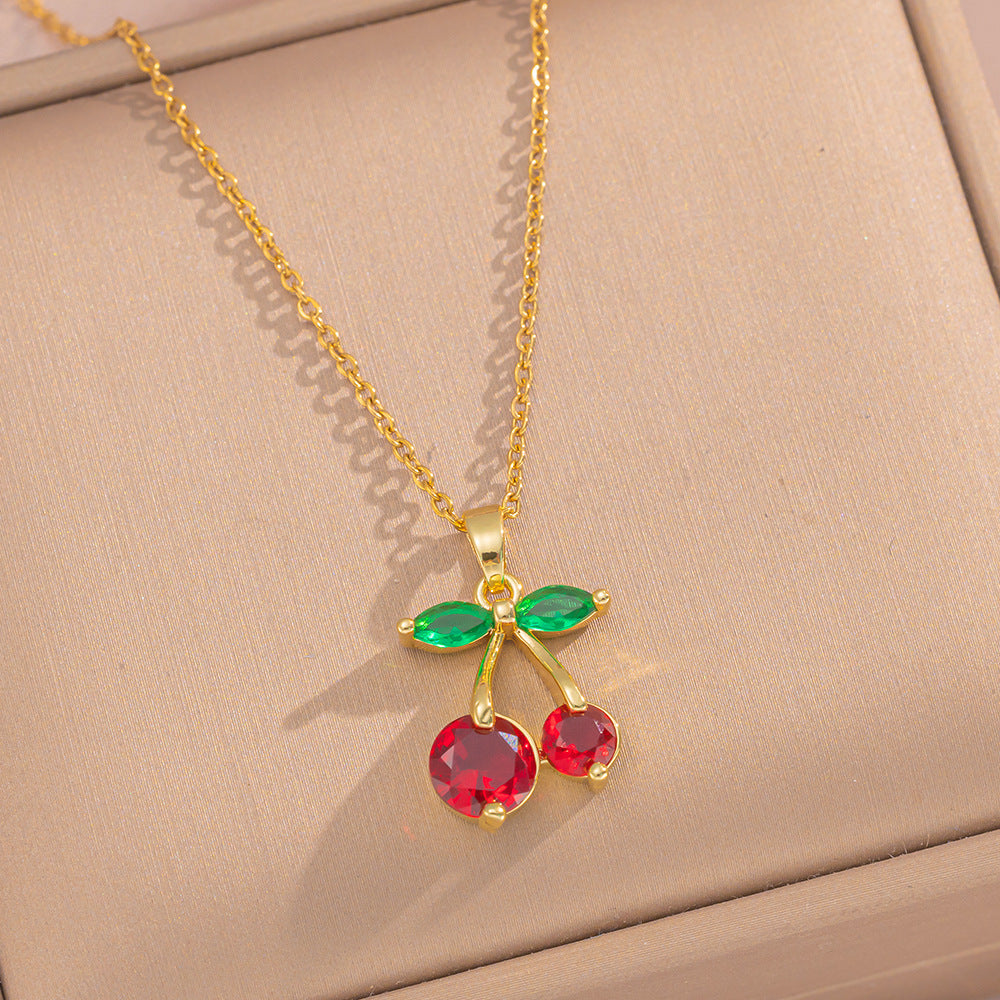 Luxury Cherry-Shaped Pendant Necklace Set for Women in Titanium Steel with Vacuum Plating and Mixed Gemstone Inlay