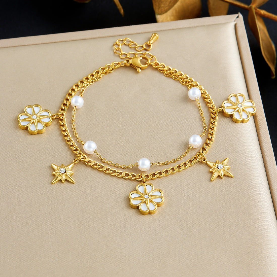 Vintage Elegant Gold Plated Stainless Steel Floral Pearl Double Layer Chain Bracelet