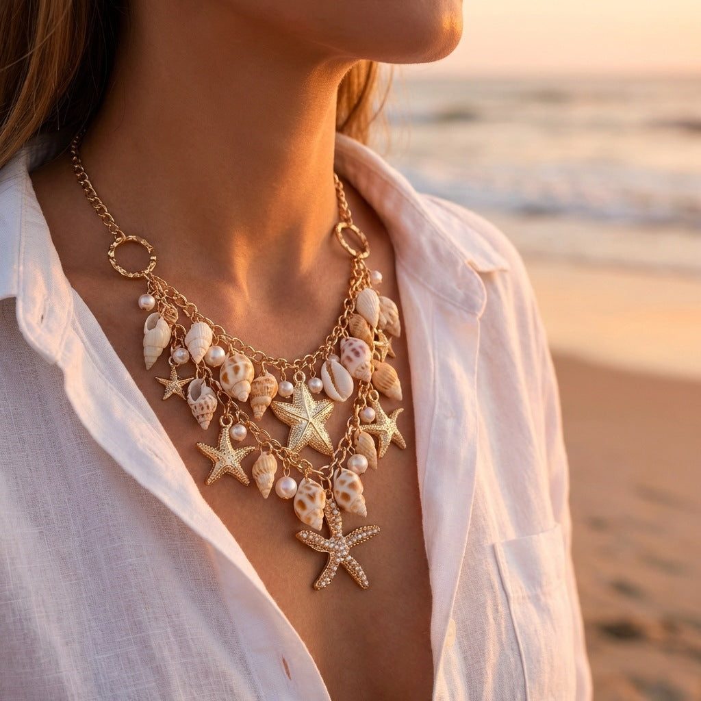 Bohemian Vintage Geometric Shell Starfish Conch Alloy Plated Body Chain for Women