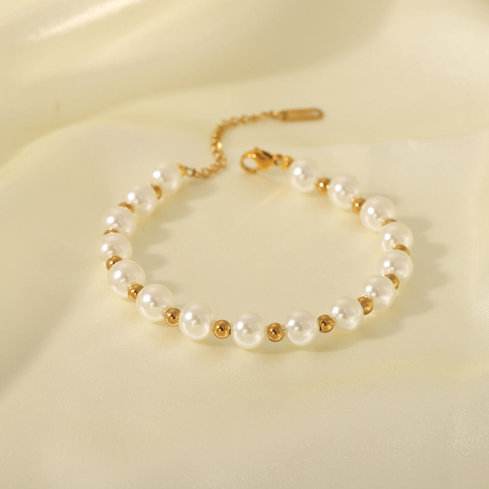 Bracciale geometrico in stile barocco in acciaio inossidabile placcato oro 18 carati con perle simulate e perline dorate