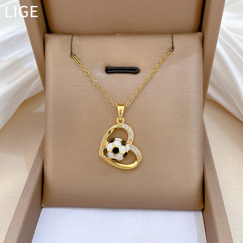 Sweet Luxury Heart Drip Oil Rhinestone Pendant Necklace Titanium Steel Cable Chain