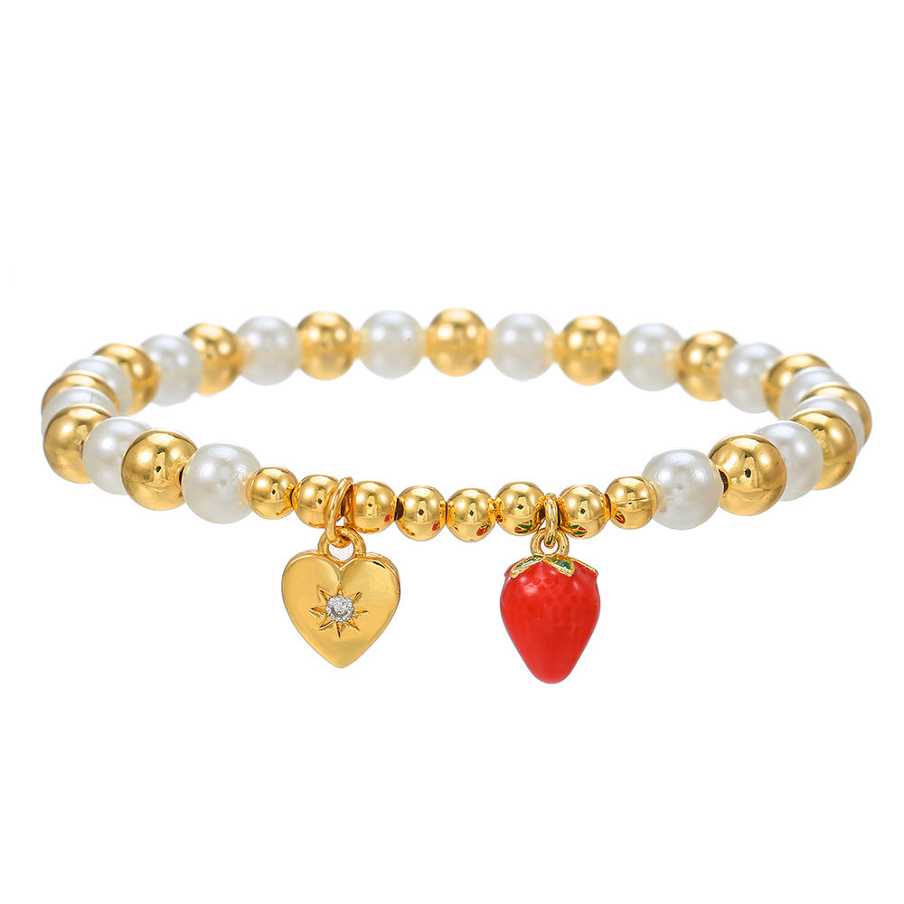 Cherry Heart Cross Fruit Shape Brass Bracelet with Cubic Zirconia and Pearl Inlay for Unisex