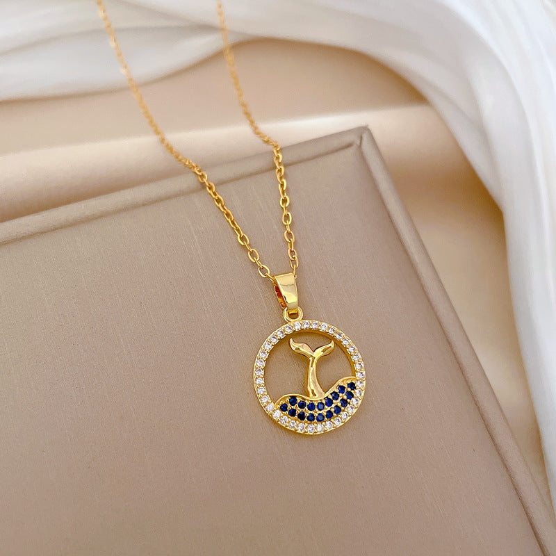 Minimalist Geometric Moon Pendant Necklace for Women and Men in Titanium Steel with Full Rhinestone Accents on Titanium Steel Chain