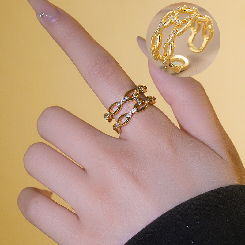 Minimalist Geometric Copper Ring with Micro-Pave Zirconia for Women Adjustable Double-Layer Finger Ring