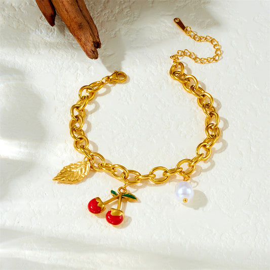 Sweet Plated Stainless Steel Fruit Leaf Pearl Charm Bar Bracelet for Women
