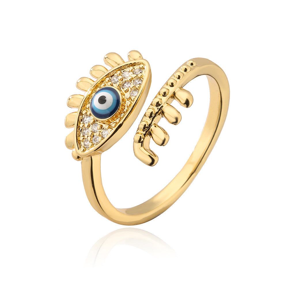 Anello Minimalista Geometrico Occhio di Falco da Donna in Rame con Placcatura in Vero Oro e Intarsi in Zircone