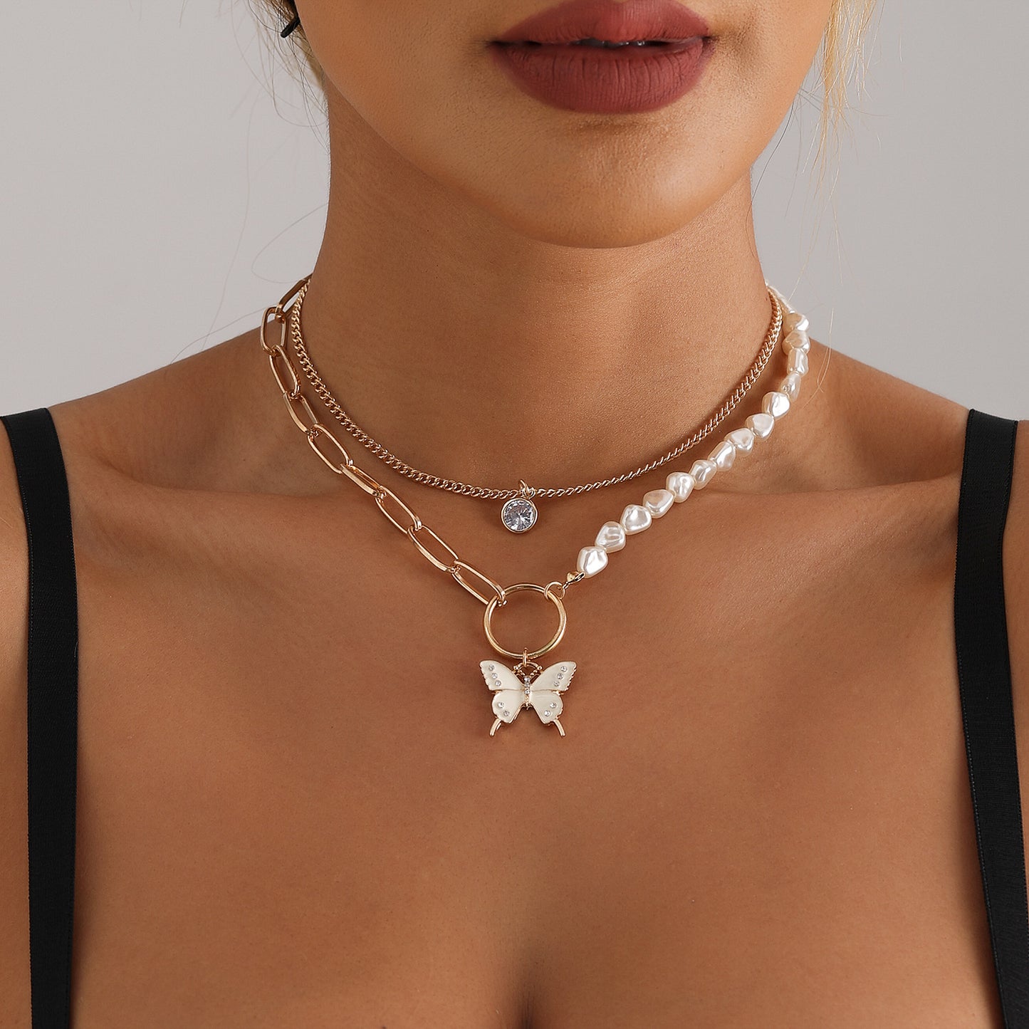 Enamel Butterfly Pendant Necklace with Flat Heart and Pearl Accents on Clavicle Chain for Women
