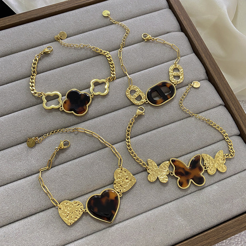 Vintage Gold Plated Titanium Steel Leopard Print Bracelet Unisex