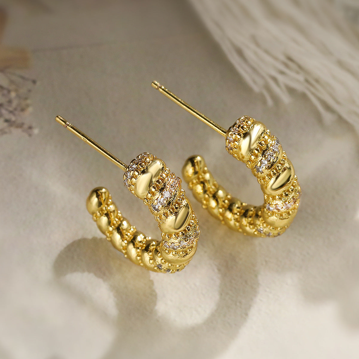 Geometric Earrings for Women with Copper Base and 18K Gold Plating, Micro-Paved Zirconia, Vintage-Inspired Minimalist Design
