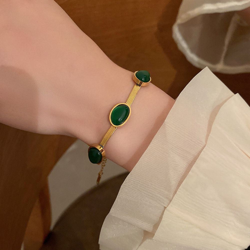 Vintage Minimalist Emerald Green Titanium Steel Plated Bracelet with Letter Shape Design