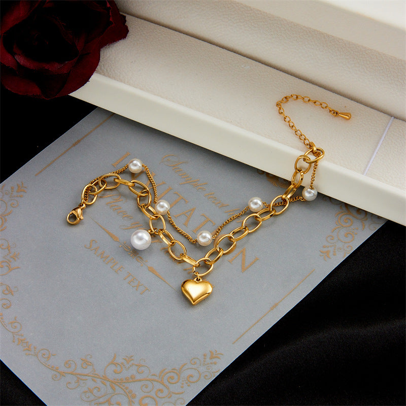 Minimalist Retro French-Style Stainless Steel Heart Pendant Multi-Layer Chain Bracelet with Plated Finish