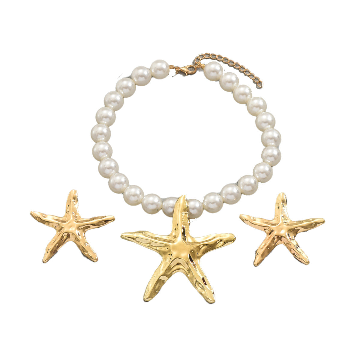 Collana e orecchini a forma di stella marina alla moda da donna con ciondolo in lega e perle d'acqua dolce su catena a sfere