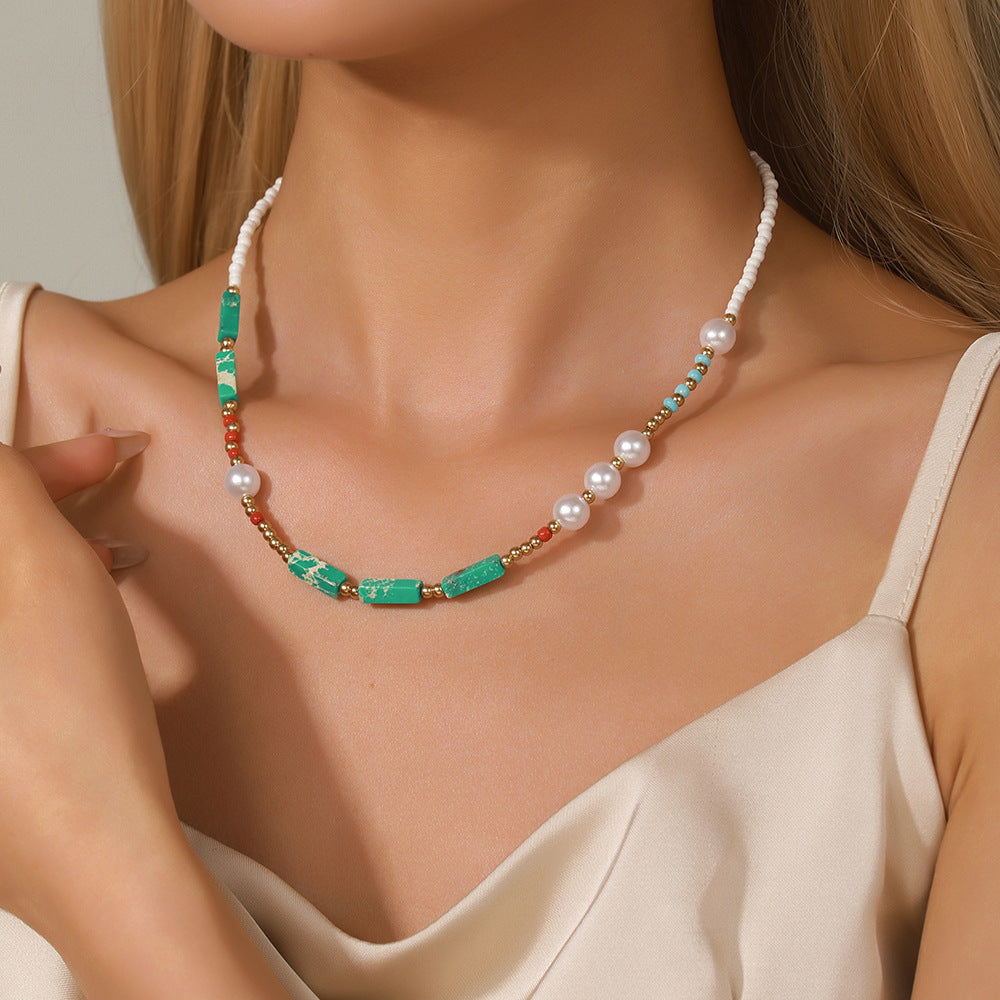 Bohemian Asymmetric Geometric Pearl Necklace with Turquoise Pendant