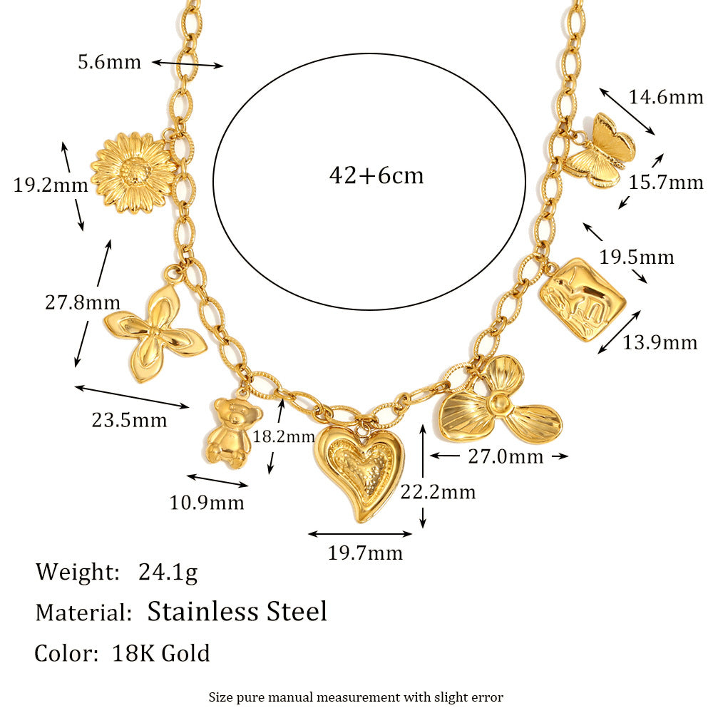 Elegant Heart Round Stainless Steel 18K Gold Plated Charm Bar Necklace for Women