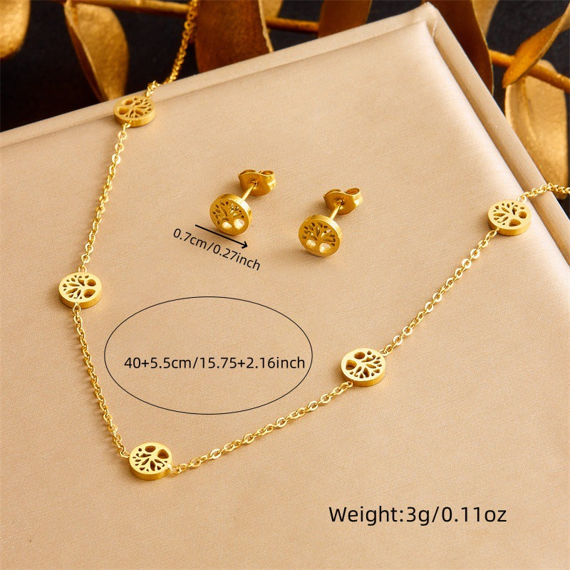 Set di collana, orecchini e bracciale con ciondolo tondo ad albero placcato in acciaio inossidabile, stile chic da ufficio minimalista