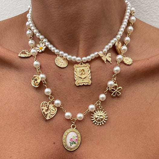 Sweet Geometric Butterfly Heart Zinc Alloy Plated Necklace with Pearl Beads for Women