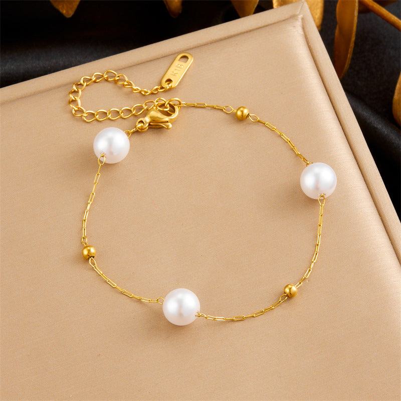 Set Collana e Bracciale in Acciaio Inossidabile Placcato con Perle Rotonde Geometriche Stile Vintage