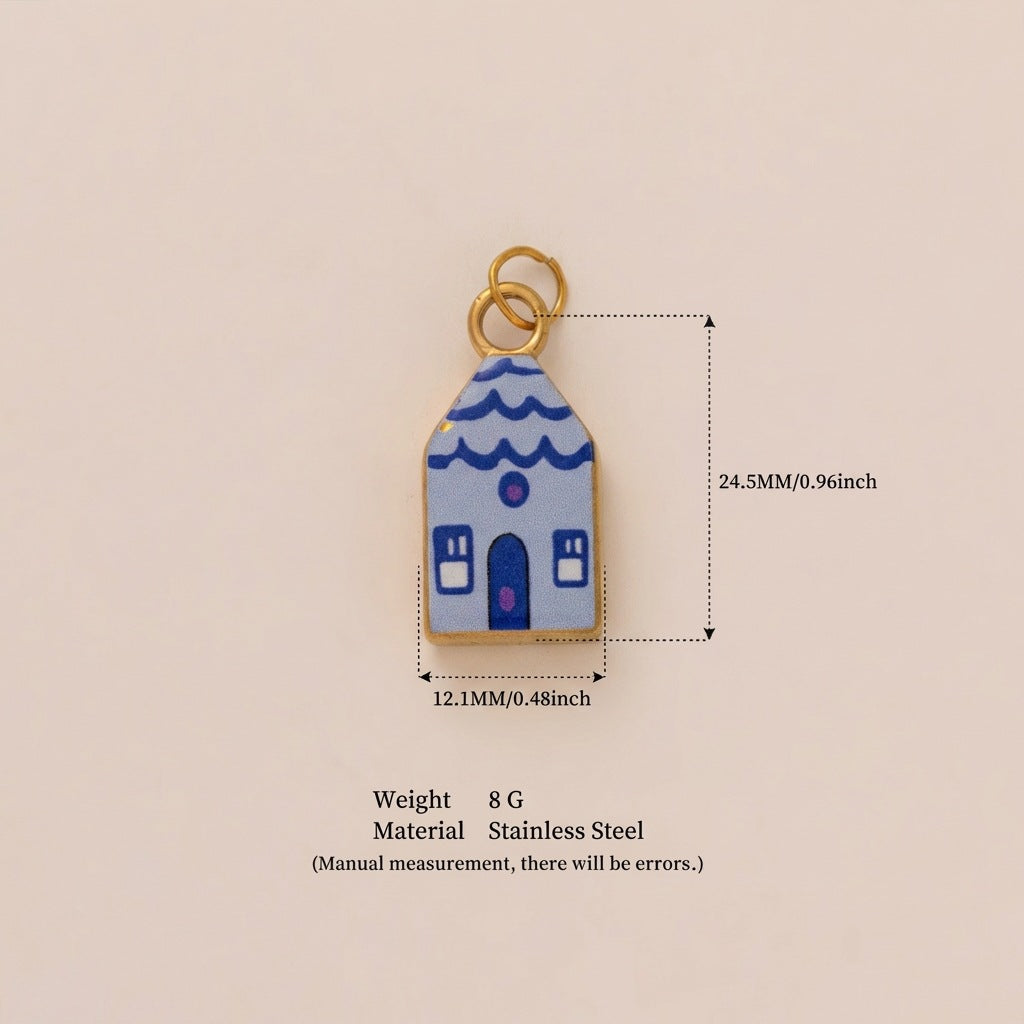 Sweet Printed House Shape Stainless Steel 18K Gold Plated PVD DIY Charm Bar