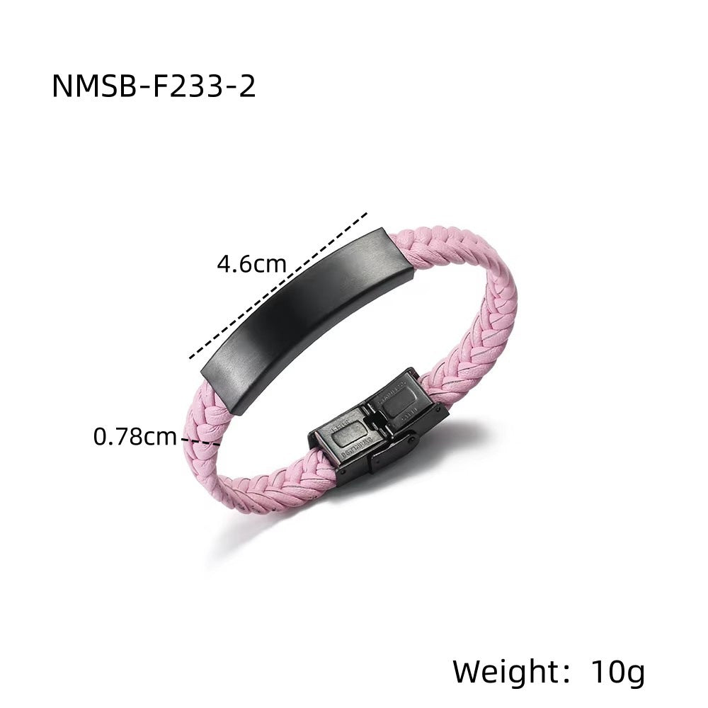 Elegante braccialetto in pelle intrecciata in acciaio inossidabile geometrico alla moda per uomo e donna con finitura placcata e incisione personalizzata, idea regalo