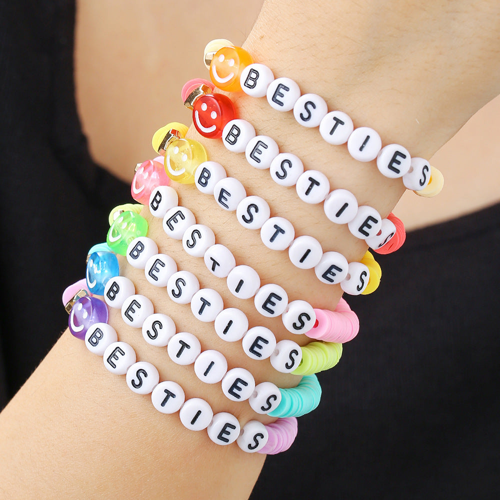 Casual Handmade Polymer Clay and Brass Beaded Bracelet with Letter and Smiley Charms