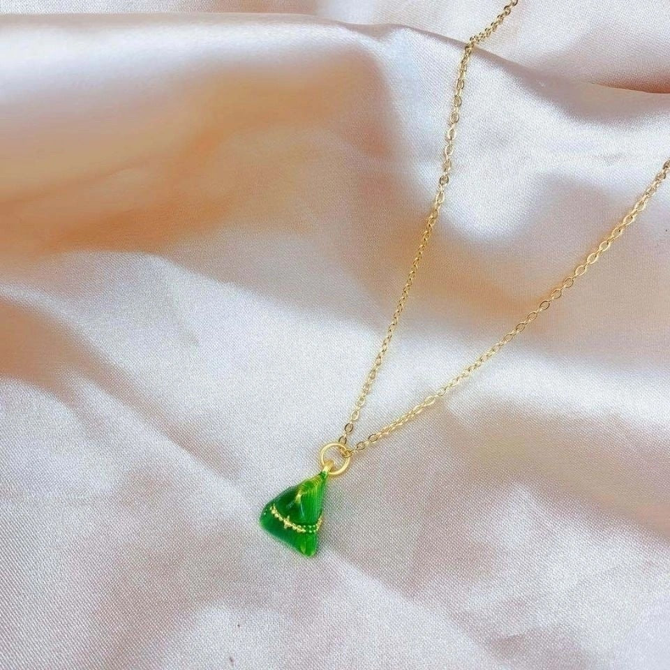 Original Design Green Mini Zongzi Pendant Necklace for Women in Titanium Steel with Snake Chain Minimalist Locket Style