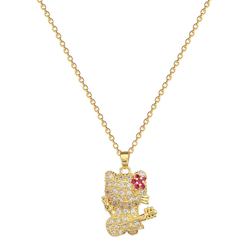 Collana con ciondolo gatto chitarra stile fumetto per donna con intarsio di strass su catena in acciaio al titanio