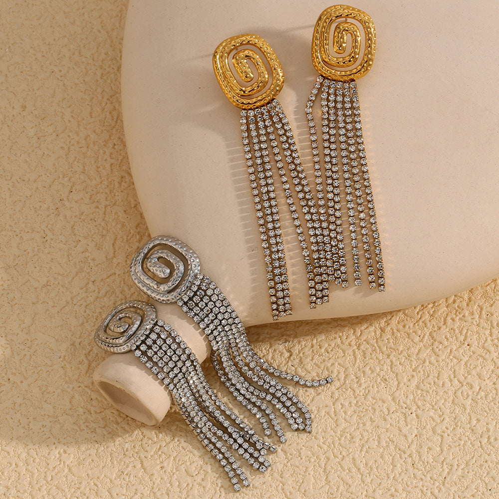 Orecchini geometrici in acciaio inossidabile d'ispirazione vintage con placcatura in oro 18 carati e dettagli in strass per donna