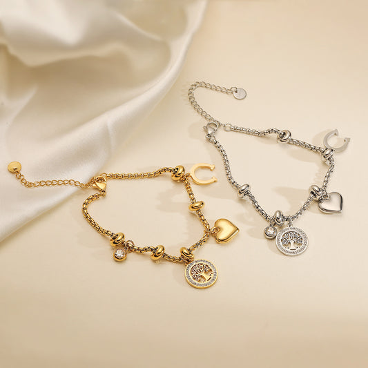 Minimalist Geometric Tree of Life Pendant Bracelet for Women in Stainless Steel with 18K Gold Plating and Zircon Inlay