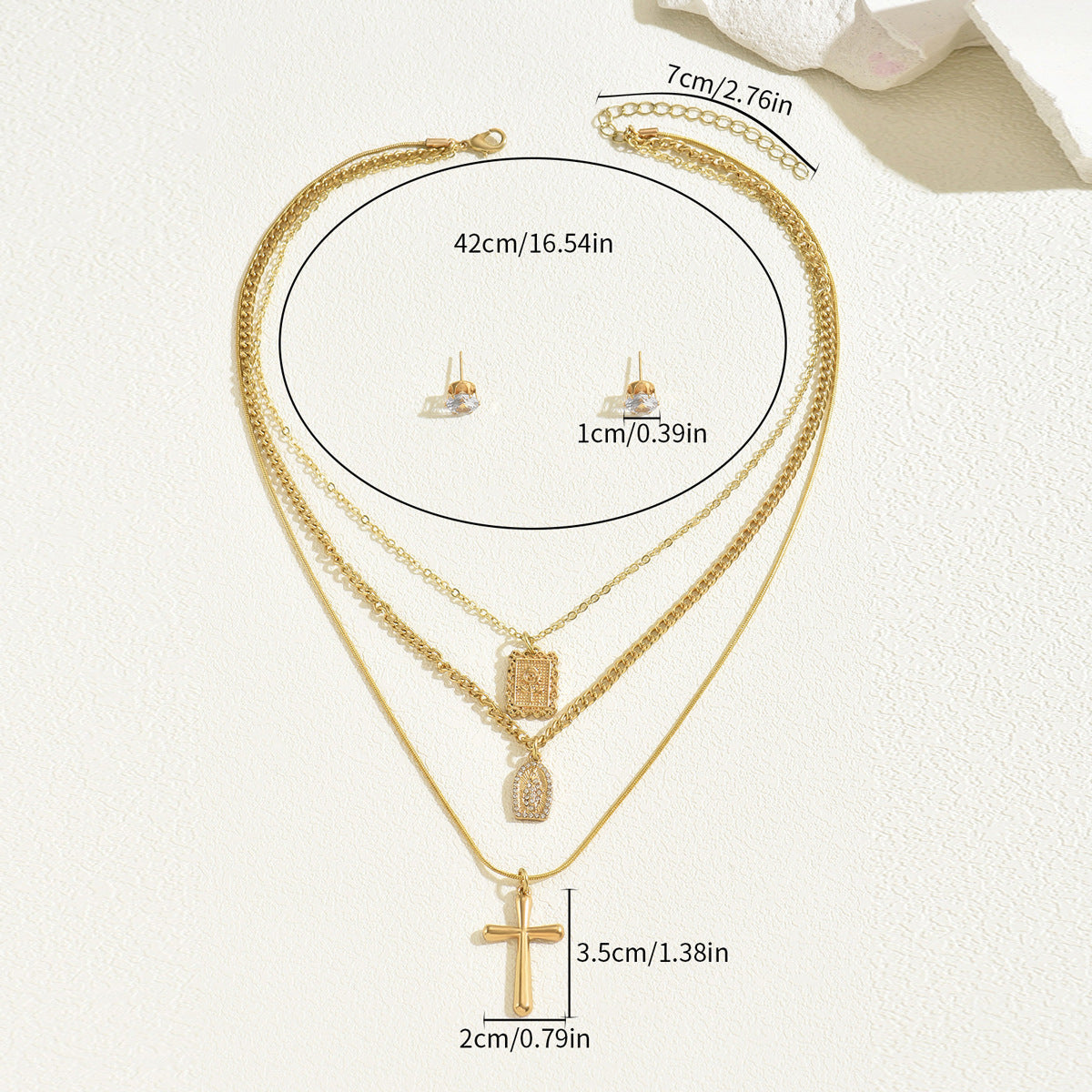 Juego de collar y pendientes de cruz modernos para mujer con base de cobre e incrustaciones de circonio