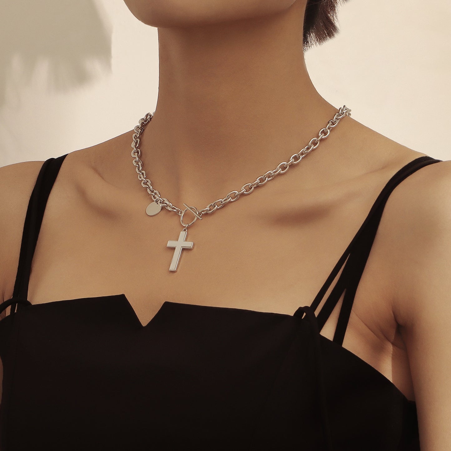 Punk Style Cross Pendant Necklace for Women with Alloy Chain and Mother-of-Pearl Inlay, Geometric Design, Plated Finish, Adjustable Length