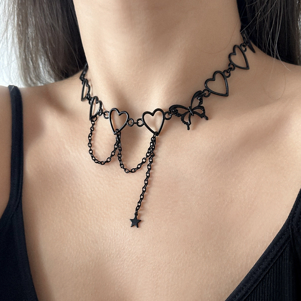 Sweet and Edgy Asymmetrical Heart Butterfly Star Pendant Necklace with Rhinestone Accents on Cross Chain for Women